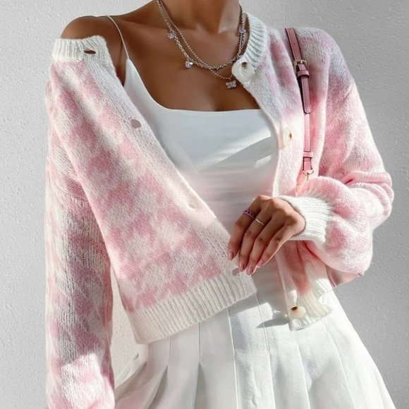 Pink Contemporary Houndstooth Print button down knit sweater Cardigan - Picture 6 of 6